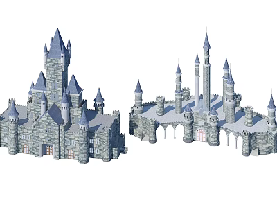 Medieval Stone Castle Structure With Tall Towers Spires And Arched Gateways 3d model