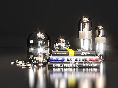 Modern Decorative Ornament Set With Transparent Glass Containers Illuminated Elements Stacked Books And Decorative Beads 3d model