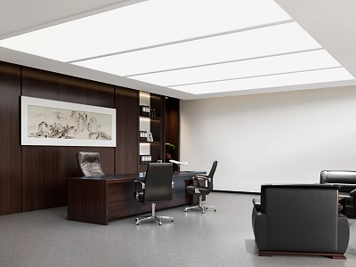 Modern Office Interior With Wooden Walls Large Desk Black Chairs Sofa Area And Decorative Painting 3d model