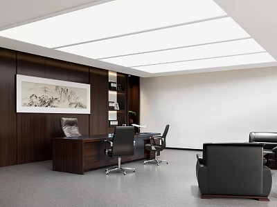 Modern Office Interior With Wooden Walls Large Desk Black Chairs Sofa Area And Decorative Painting 3d model