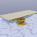 Modern Dining Table With Light Wood Top And Golden Spiral Base On Patterned Floor