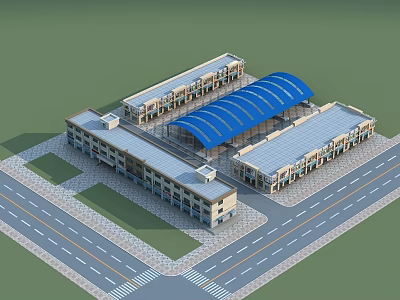 Aerial View Planning of Commercial Complex With Blue Roof Structure And Surrounding Roads 3d model