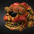 Traditional Red And Gold Lion Head Sculpture With Curled Patterns And Black Eyes