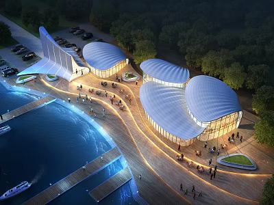 Modern Waterfront Park Landscape With Curved Roof Buildings Trees And Pedestrian Walkways 3d model