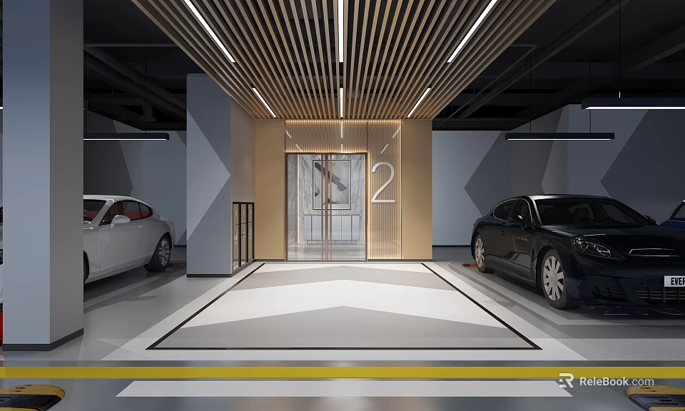 Parking Garage Interior With Two Cars Elevator Door Wooden Slat Ceiling And Geometric Floor 3d model 