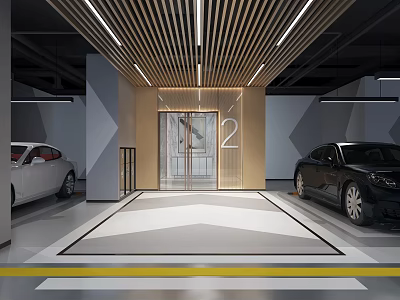 Parking Garage Interior With Two Cars Elevator Door Wooden Slat Ceiling And Geometric Floor 3d model