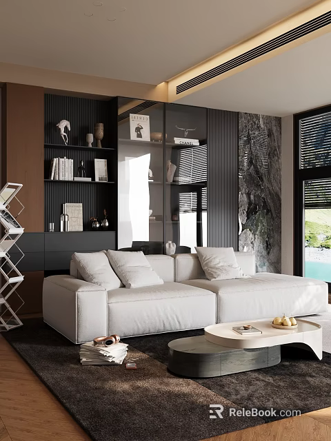 Modern Living Room Interior Design With White Sofa Round Coffee Table Bookshelves And Decorative Items 3d model 