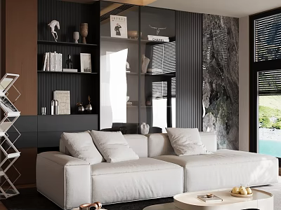 Modern Living Room Interior Design With White Sofa Round Coffee Table Bookshelves And Decorative Items 3d model
