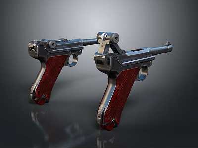 Two Classic Silver Metal Pistols With Red Shiny Grips On Dark Background 3d model