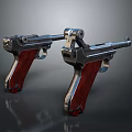 Two Classic Silver Metal Pistols With Red Shiny Grips On Dark Background
