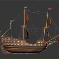Vintage Wooden Sailing Ship with Red and Yellow Sails and Flags