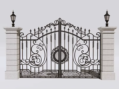 Ornate Wrought Iron Gate With Decorative Design And Stone Pillars Topped With Lanterns 3d model