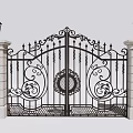 Ornate Wrought Iron Gate With Decorative Design And Stone Pillars Topped With Lanterns