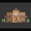 Cartoon Vintage Western Saloon Scene With Yellow Wooden Building Balcony And Cacti