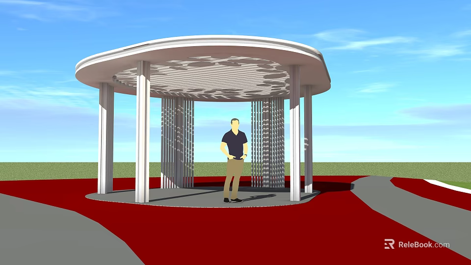 Outdoor Pavilion With White Pillars Decorative Roof Red Ground Gray Path And Person 3d model 