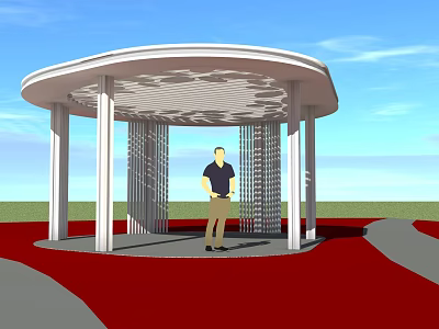 Outdoor Pavilion With White Pillars Decorative Roof Red Ground Gray Path And Person 3d model