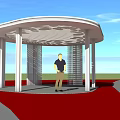 Outdoor Pavilion With White Pillars Decorative Roof Red Ground Gray Path And Person