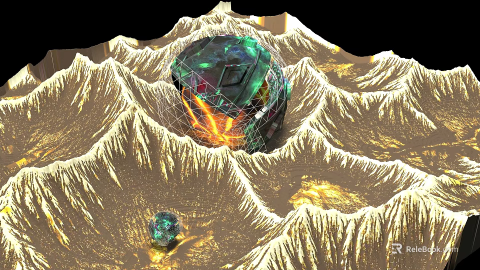 Sphere Art Installation With Mountainous Terrain Flame Colored Interior Grid Structure And Small Green Sphere 3d model