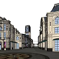Classical Commercial Street With Pedestrians Street Lamps And Flower Pots