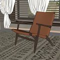 Modern Tan Leather Leisure Chair With Wooden Frame On Geometric Pattern Rug In Bright Room