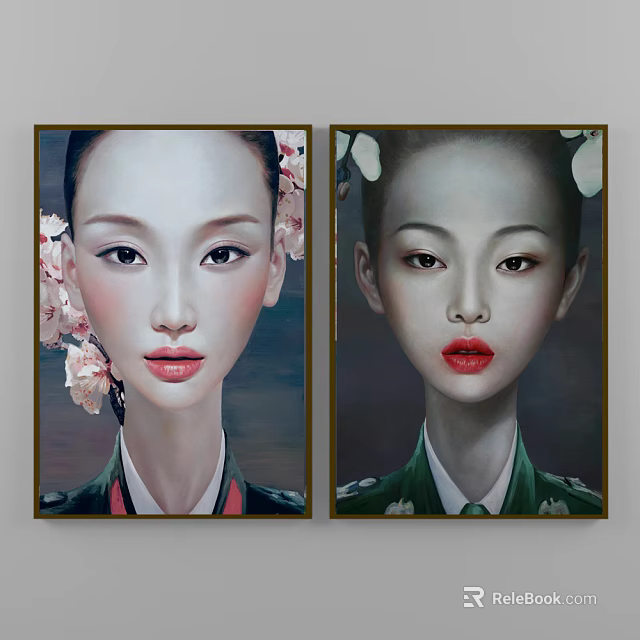 Two Framed Female Portrait Paintings With Floral Decorations Red Lips And Traditional Green Clothing 3d model 