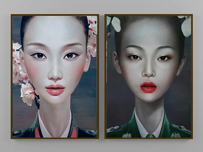 Two Framed Female Portrait Paintings With Floral Decorations Red Lips And Traditional Green Clothing 3d model