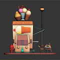 Colorful Ice Cream Cart Setup With Stacked Ice Cream Cones Street Lamp Tables Chairs