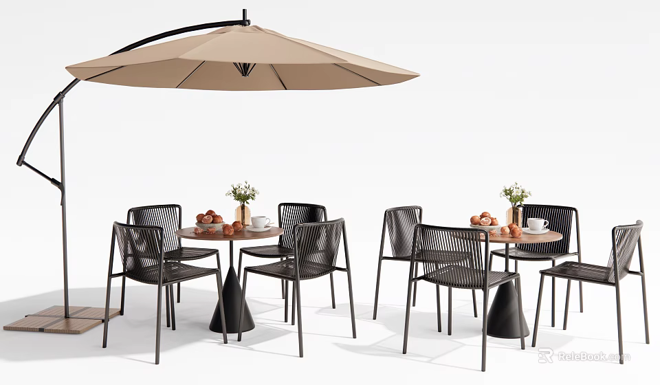 Outdoor Table Set With Black Chairs Umbrella Flower Arrangement And Fruits 3d model 