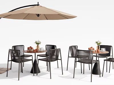 Outdoor Table Set With Black Chairs Umbrella Flower Arrangement And Fruits 3d model