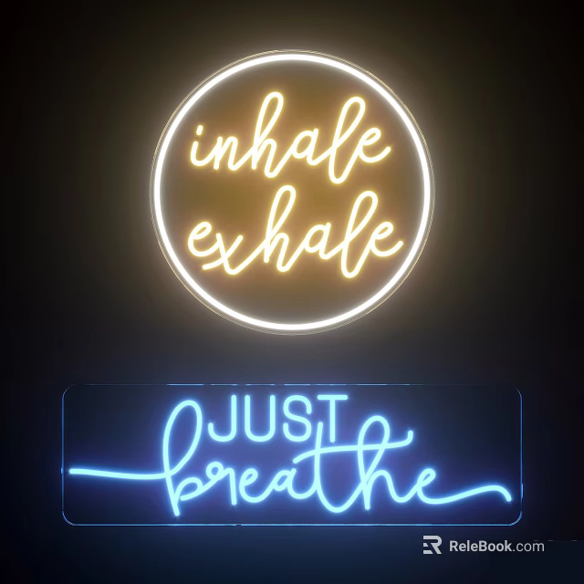 Neon Decorative Lights With Inhale Exhale And Just Breathe Text In Circular And Rectangular Design 3d model 