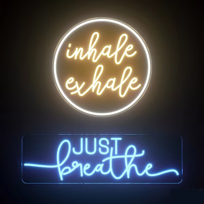Neon Decorative Lights With Inhale Exhale And Just Breathe Text In Circular And Rectangular Design 3d model