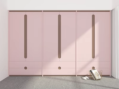 Pink Three Door Wardrobe With Vertical Stripes Bottom Drawers And Round Handles 3d model