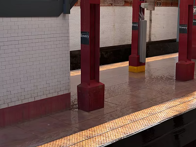 Subway Platform With White Brick Walls Red Pillars And Wet Yellow Edge Floor 3d model