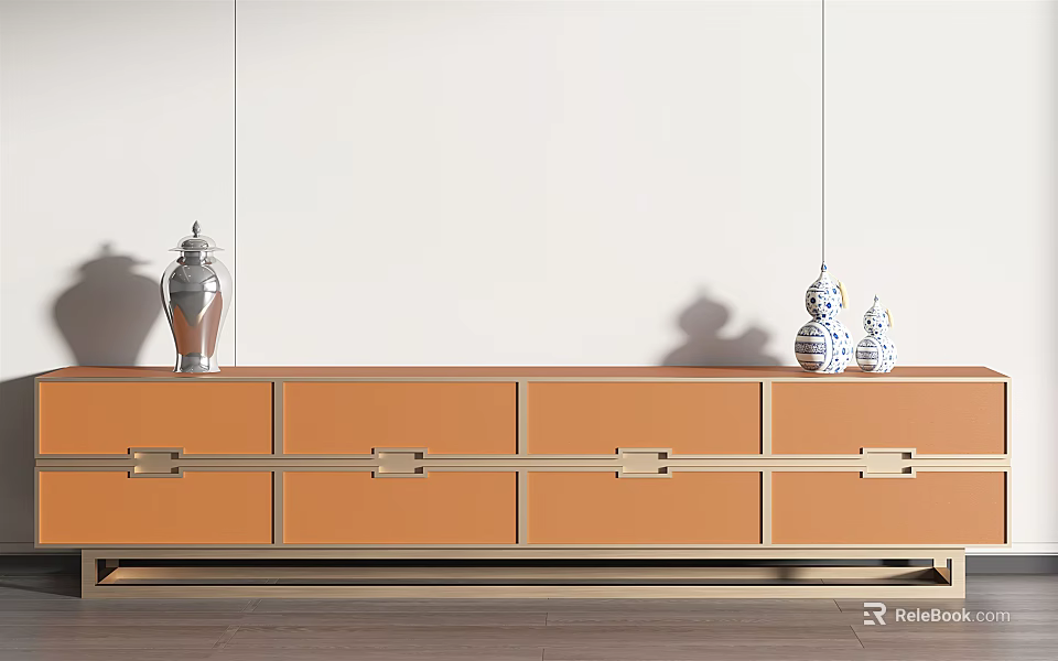 Orange TV Cabinet with Drawers Metal Handles and Decorative Vases on Wooden Floor 3d model 