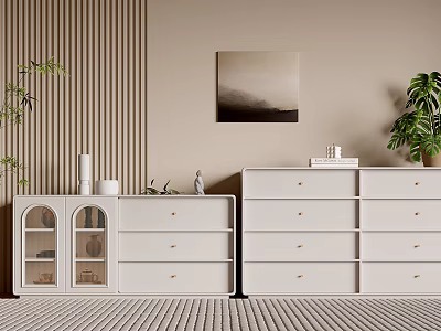 Modern White Entryway Cabinet And Sideboard With Drawers Glass Doors And Decorative Ornaments 3d model