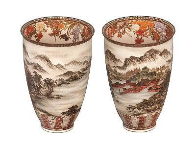 Traditional Chinese Vases With Landscape Paintings And Floral Ornamental Designs 3d model