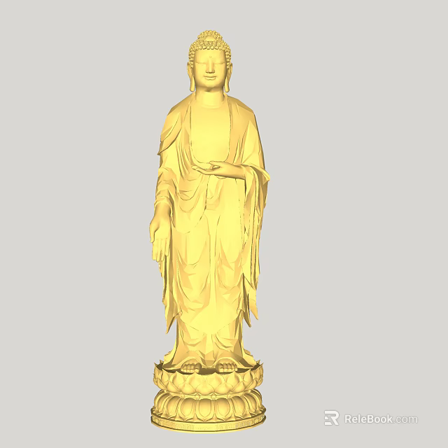 Golden Buddha Sculpture Carved Standing Figure With Detailed Robe And Base 3d model 