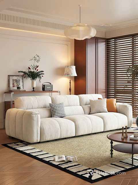 Modern Beige Sofa and Coffee Table Set with Decorative Pillows Round Table and Wooden Blinds 3d model 