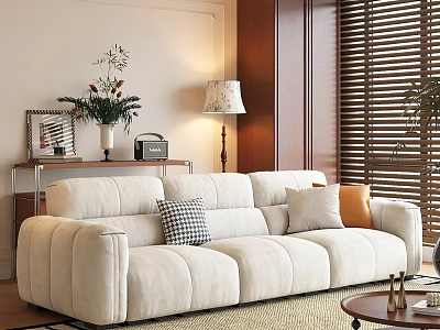 Modern Beige Sofa and Coffee Table Set with Decorative Pillows Round Table and Wooden Blinds 3d model