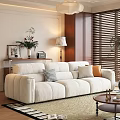 Modern Beige Sofa and Coffee Table Set with Decorative Pillows Round Table and Wooden Blinds