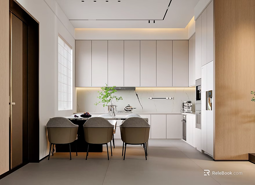 Modern Restaurant Kitchen Interior With White Cabinets Wooden Elements And Dining Chairs 3d model