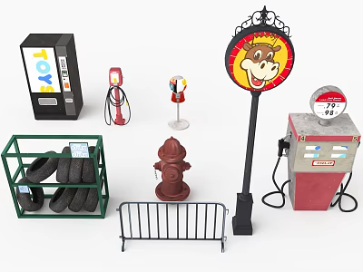 Scene Building Components With Toy Vending Machine Red Gas Pump Fire Hydrant And Street Sign 3d model
