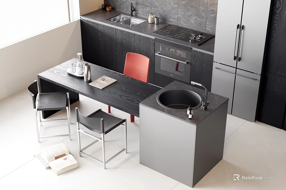 Modern Kitchen Interior Design With Dining Table Chairs And Cabinets 3d model