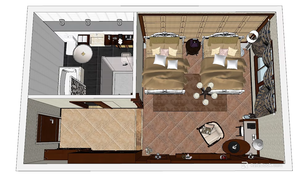 Hotel Guest Room Interior with Twin Beds Bathroom Carpet and Chandelier 3d model 