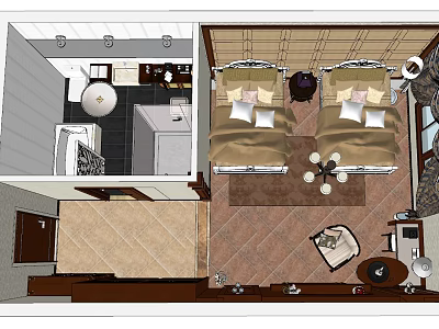 Hotel Guest Room Interior with Twin Beds Bathroom Carpet and Chandelier 3d model