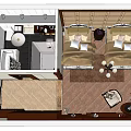 Hotel Guest Room Interior with Twin Beds Bathroom Carpet and Chandelier