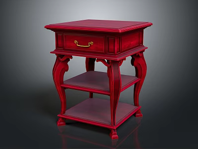 Red Classic Wooden Nightstand Furniture With Drawer And Two Shelves Design 3d model