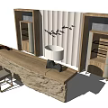 Modern Reception Desk With Wooden Top Stone Base And Bird Wall Art