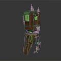 Cartoon Style Tower Scene With Red Green Structure Windows Staircase Spire And Small Character