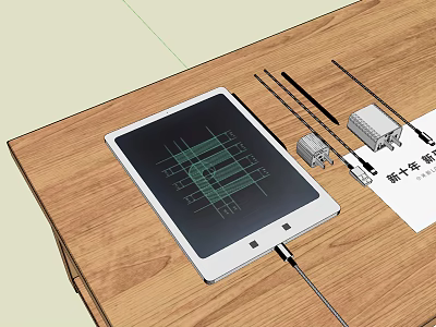 Modern Digital Tablet with Antennas Small Devices on Wooden Table and Graphic 3d model